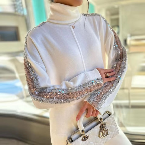 New Elegant Sequins Splice Tops Turtleneck Loose Fit Straight Two Piece Set CODE: KAR3473