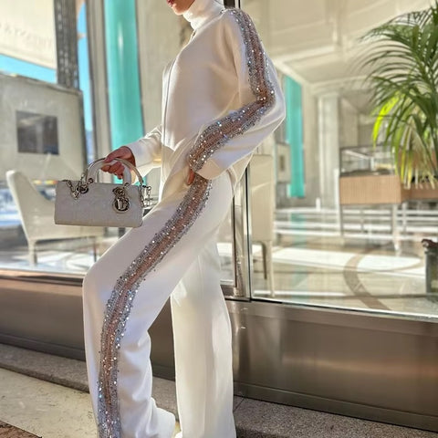 New Elegant Sequins Splice Tops Turtleneck Loose Fit Straight Two Piece Set CODE: KAR3473