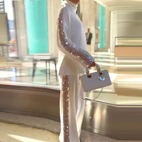 New Elegant Sequins Splice Tops Turtleneck Loose Fit Straight Two Piece Set CODE: KAR3473