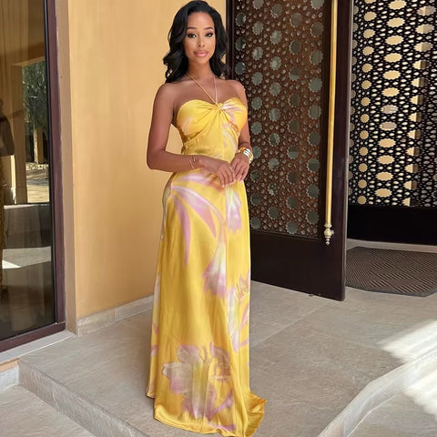 New Floral Print Sexy Halterneck Strappy Strapless Backless Slim Long Dress CODE: KAR3479