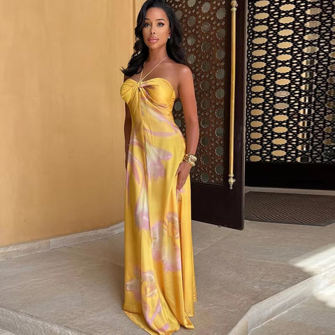 New Floral Print Sexy Halterneck Strappy Strapless Backless Slim Long Dress CODE: KAR3479