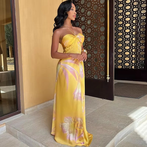 New Floral Print Sexy Halterneck Strappy Strapless Backless Slim Long Dress CODE: KAR3479