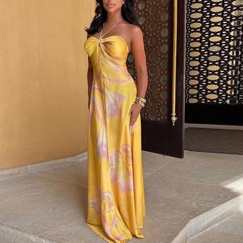 New Floral Print Sexy Halterneck Strappy Strapless Backless Slim Long Dress CODE: KAR3479