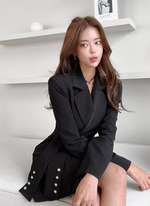 New Elegant Collar Double Row Buttoning Waist-fitted Western-style Short Dress CODE: KAR3494