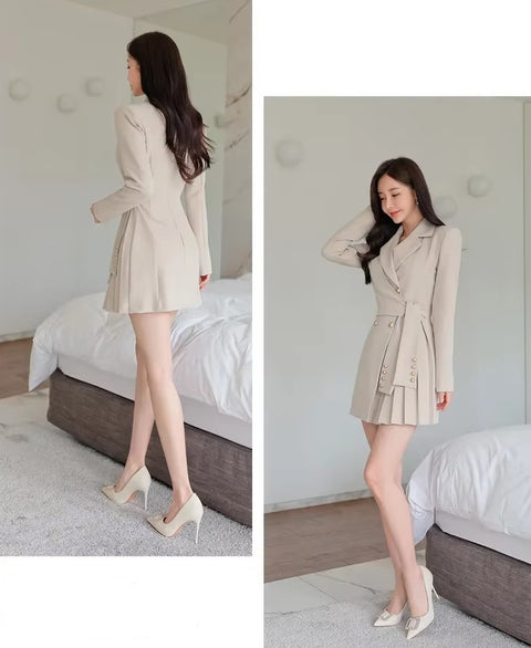 New Elegant Collar Double Row Buttoning Waist-fitted Western-style Short Dress CODE: KAR3494