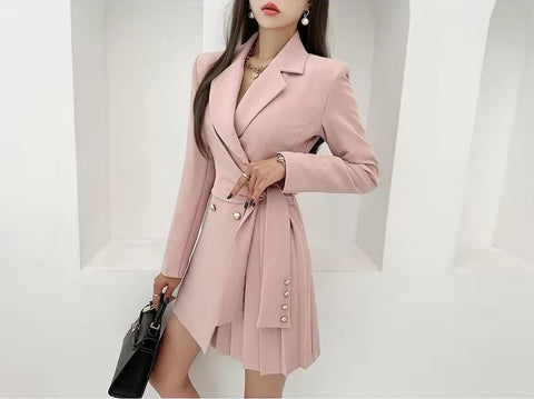 New Elegant Collar Double Row Buttoning Waist-fitted Western-style Short Dress CODE: KAR3494