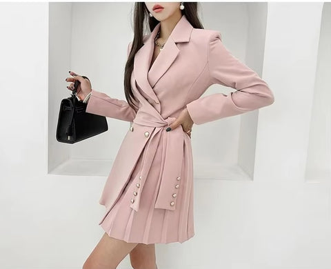 New Elegant Collar Double Row Buttoning Waist-fitted Western-style Short Dress CODE: KAR3494