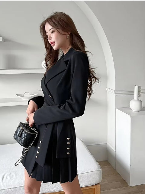 New Elegant Collar Double Row Buttoning Waist-fitted Western-style Short Dress CODE: KAR3494