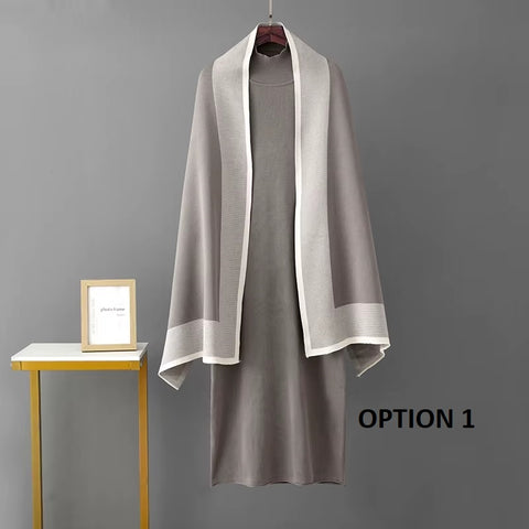 New Casual Warm O Neck Long Sleeve Loose Dress And Shawl Two-Piece Set CODE: KAR3497