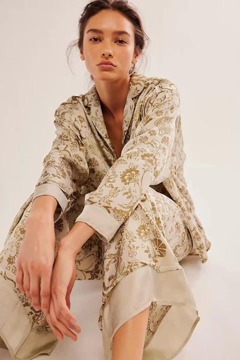 New Print Floral Casual Long Sleeve Lapel Loose Pajamas Set CODE: KAR3513
