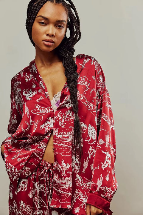 New Print Floral Casual Long Sleeve Lapel Loose Pajamas Set CODE: KAR3513