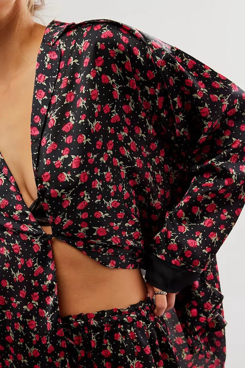 New Print Floral Casual Long Sleeve Lapel Loose Pajamas Set CODE: KAR3513