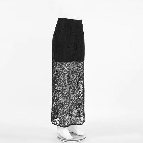 New Lace See-through Slit Patchwork Casual Loose High Waist Slim Street Long Skirt CODE: KAR3516