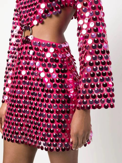 Summer New Fashion Solid Color Sequined Flare Sleeve Sexy O-Neck Irregular Mini Dress CODE: KAR3519