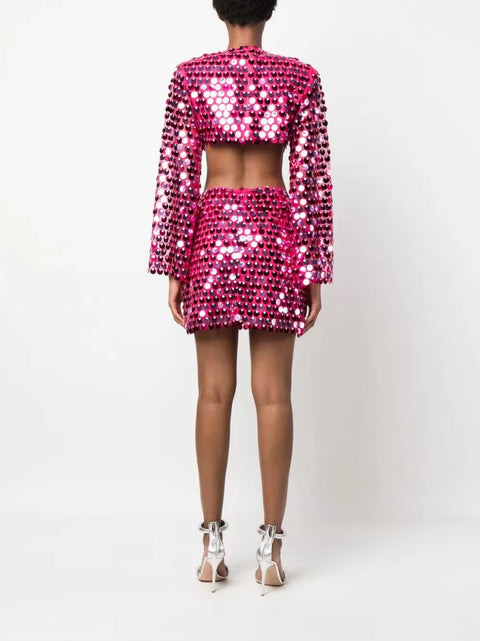 Summer New Fashion Solid Color Sequined Flare Sleeve Sexy O-Neck Irregular Mini Dress CODE: KAR3519