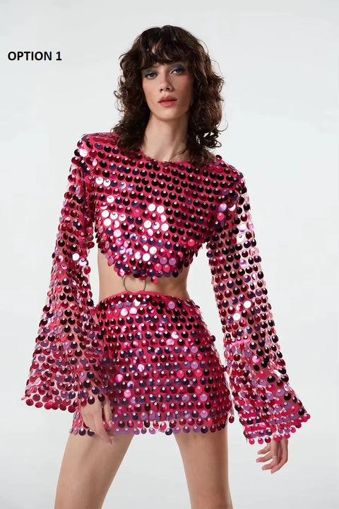 Summer New Fashion Solid Color Sequined Flare Sleeve Sexy O-Neck Irregular Mini Dress CODE: KAR3519