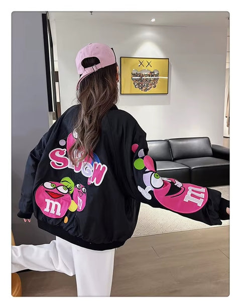 Autumn Cartoon Letter Embroidery Casual Loose Fit Hip Hop Top Couple Jacket CODE: KAR3520