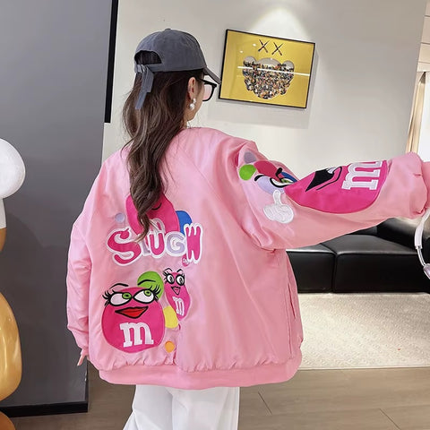 Autumn Cartoon Letter Embroidery Casual Loose Fit Hip Hop Top Couple Jacket CODE: KAR3520