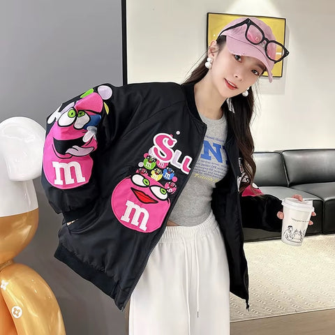 Autumn Cartoon Letter Embroidery Casual Loose Fit Hip Hop Top Couple Jacket CODE: KAR3520