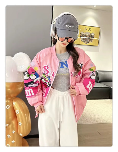 Autumn Cartoon Letter Embroidery Casual Loose Fit Hip Hop Top Couple Jacket CODE: KAR3520