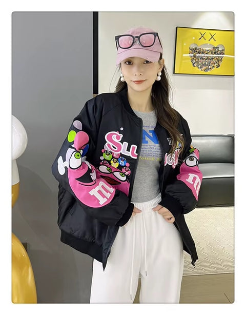 Autumn Cartoon Letter Embroidery Casual Loose Fit Hip Hop Top Couple Jacket CODE: KAR3520