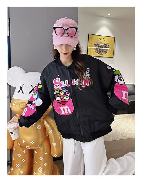 Autumn Cartoon Letter Embroidery Casual Loose Fit Hip Hop Top Couple Jacket CODE: KAR3520