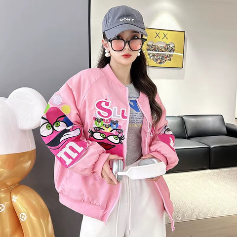 Autumn Cartoon Letter Embroidery Casual Loose Fit Hip Hop Top Couple Jacket CODE: KAR3520