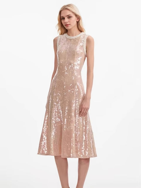 New Fashion Mesh Sequins Beading Round Neck Sleeveless Spliced Knee-length A-line Dress CODE: KAR3523