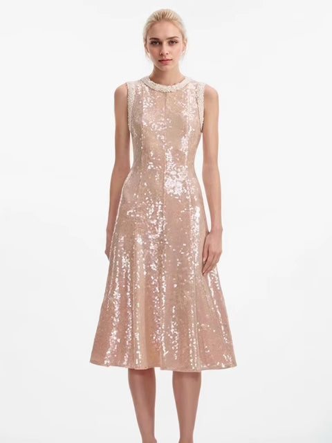 New Fashion Mesh Sequins Beading Round Neck Sleeveless Spliced Knee-length A-line Dress CODE: KAR3523