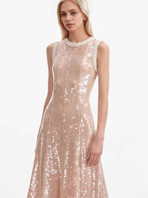 New Fashion Mesh Sequins Beading Round Neck Sleeveless Spliced Knee-length A-line Dress CODE: KAR3523