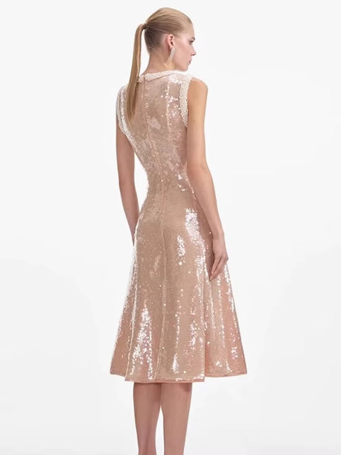 New Fashion Mesh Sequins Beading Round Neck Sleeveless Spliced Knee-length A-line Dress CODE: KAR3523