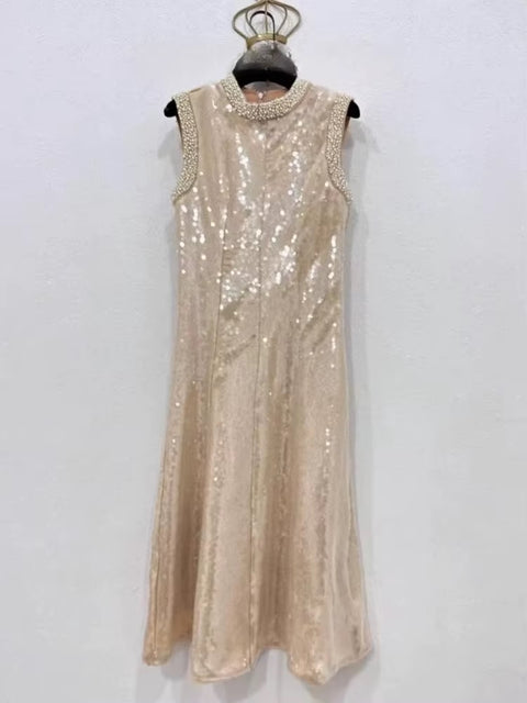 New Fashion Mesh Sequins Beading Round Neck Sleeveless Spliced Knee-length A-line Dress CODE: KAR3523