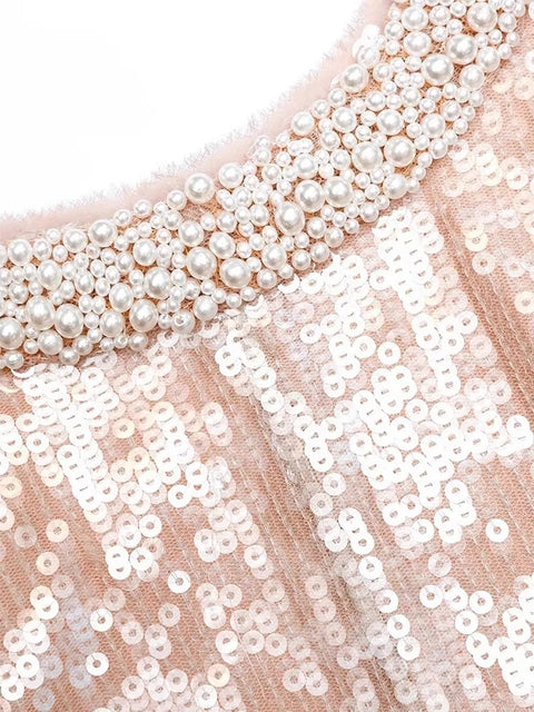 New Fashion Mesh Sequins Beading Round Neck Sleeveless Spliced Knee-length A-line Dress CODE: KAR3523