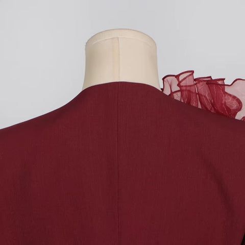 New Elegant Mesh Flower Spliced V Neck Single Button Long Sleeve Slim Blazers CODE: KAR3528