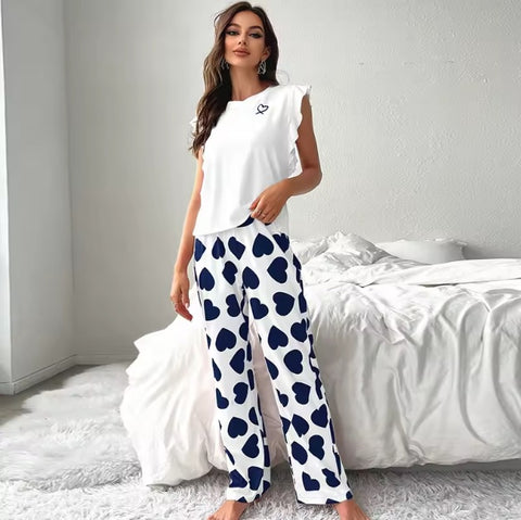 New Casual Sexy Fly Sleeve Vest Heart Print Pant 2-piece Pajama Set CODE: KAR3568