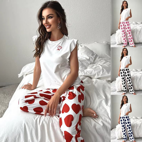 New Casual Sexy Fly Sleeve Vest Heart Print Pant 2-piece Pajama Set CODE: KAR3568