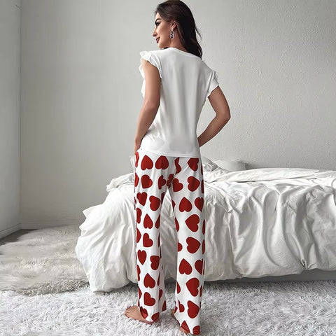 New Casual Sexy Fly Sleeve Vest Heart Print Pant 2-piece Pajama Set CODE: KAR3568
