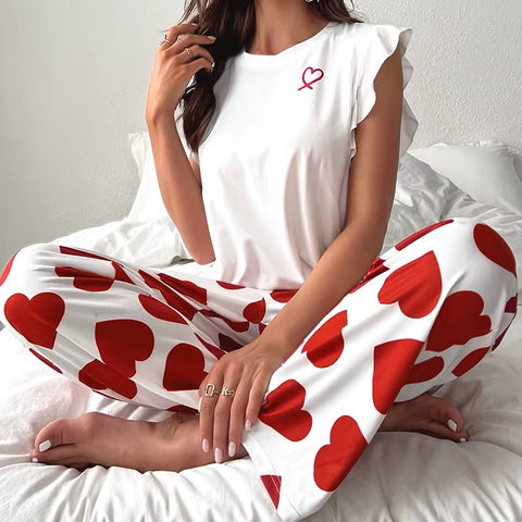 New Casual Sexy Fly Sleeve Vest Heart Print Pant 2-piece Pajama Set CODE: KAR3568