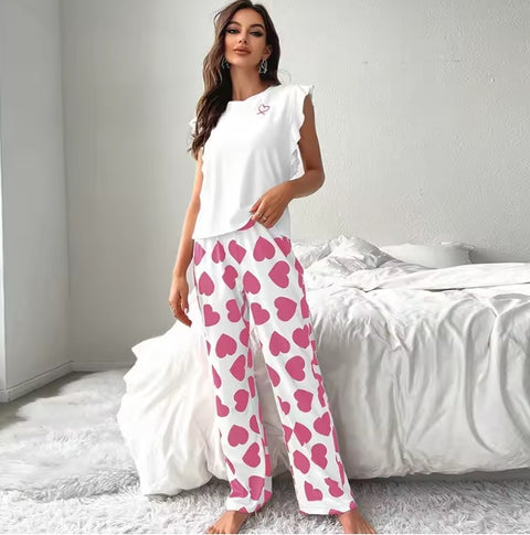 New Casual Sexy Fly Sleeve Vest Heart Print Pant 2-piece Pajama Set CODE: KAR3568