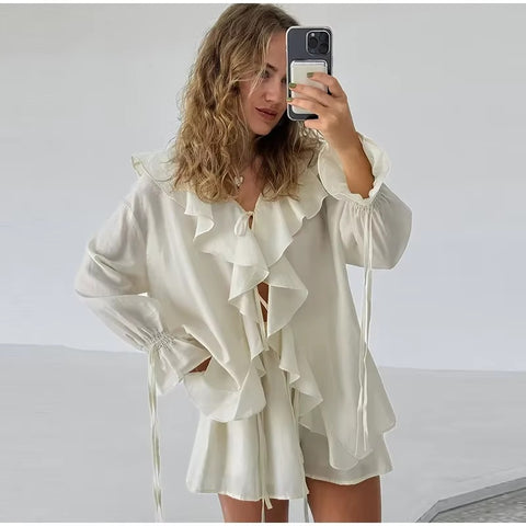 New Summer Loose Casual V Neck Hollow Out Shirt Wide Leg Short Pant Ruffles Short Set CODE: KAR3585