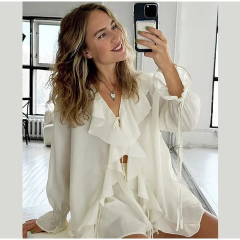 New Summer Loose Casual V Neck Hollow Out Shirt Wide Leg Short Pant Ruffles Short Set CODE: KAR3585