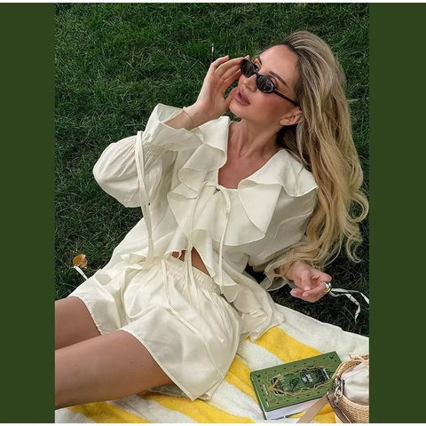 New Summer Loose Casual V Neck Hollow Out Shirt Wide Leg Short Pant Ruffles Short Set CODE: KAR3585