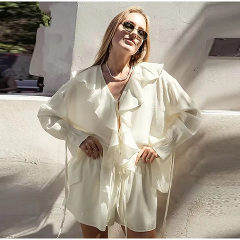 New Summer Loose Casual V Neck Hollow Out Shirt Wide Leg Short Pant Ruffles Short Set CODE: KAR3585