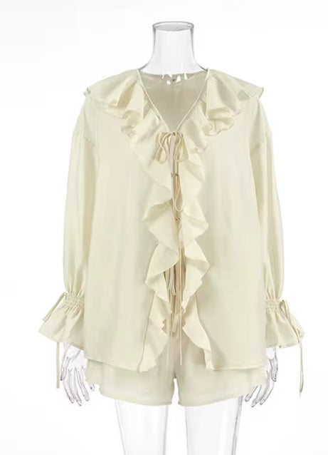 New Summer Loose Casual V Neck Hollow Out Shirt Wide Leg Short Pant Ruffles Short Set CODE: KAR3585