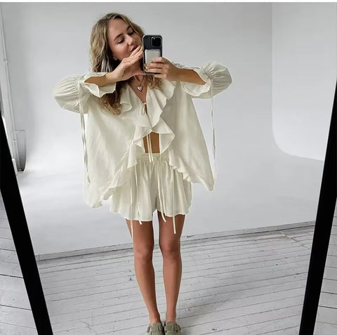New Summer Loose Casual V Neck Hollow Out Shirt Wide Leg Short Pant Ruffles Short Set CODE: KAR3585