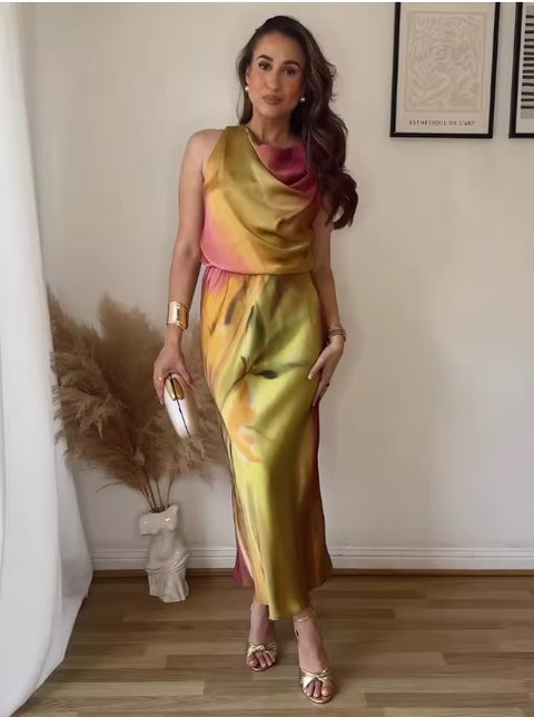 New Fashion Elegant Outfit Cowl Neck Sleeveless Draped Top And Midi Print Satin Skirt Set CODE: KAR3596