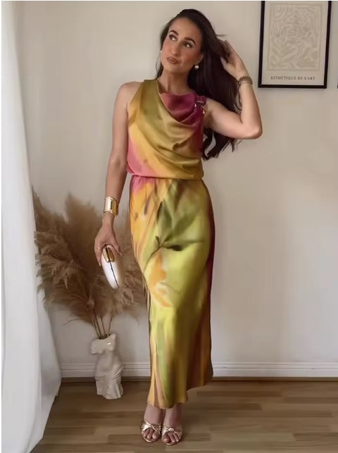 New Fashion Elegant Outfit Cowl Neck Sleeveless Draped Top And Midi Print Satin Skirt Set CODE: KAR3596