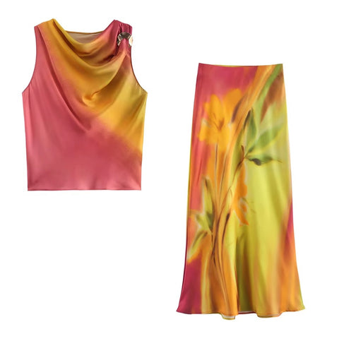 New Fashion Elegant Outfit Cowl Neck Sleeveless Draped Top And Midi Print Satin Skirt Set CODE: KAR3596