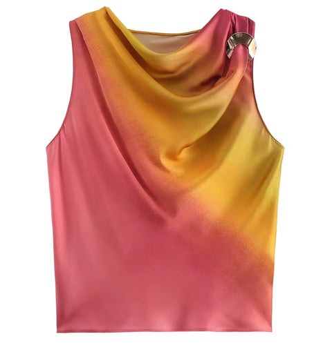 New Fashion Elegant Outfit Cowl Neck Sleeveless Draped Top And Midi Print Satin Skirt Set CODE: KAR3596