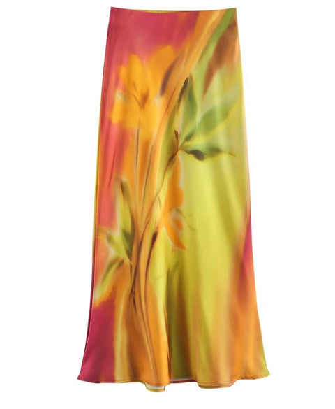 New Fashion Elegant Outfit Cowl Neck Sleeveless Draped Top And Midi Print Satin Skirt Set CODE: KAR3596